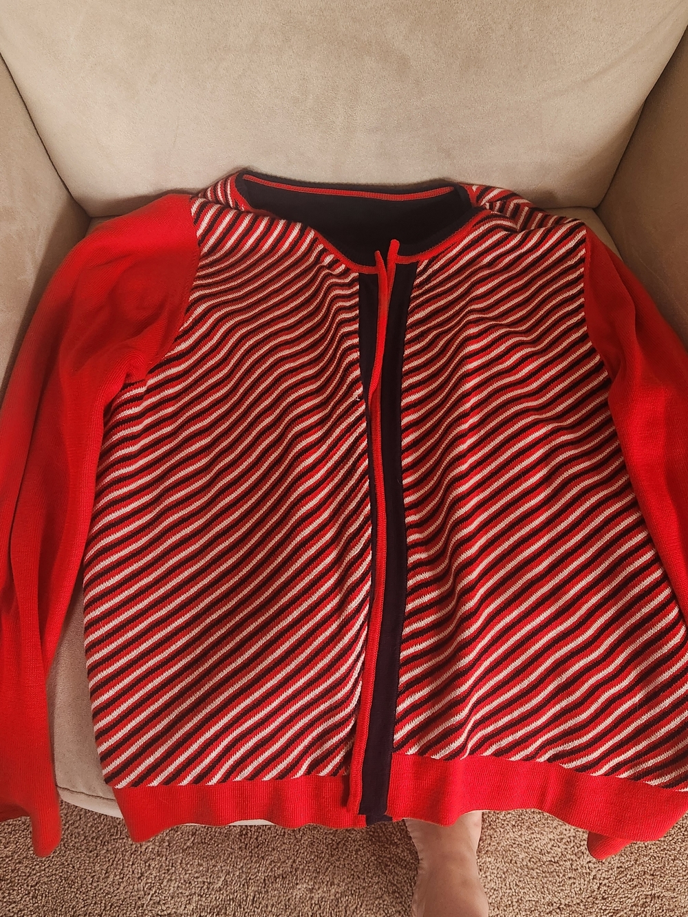 CAbi "Deadline" Striped Red Black White Crew Cardigan Sweater